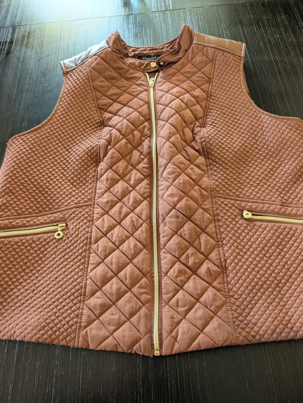 Quilted Sleeveless Vest in Warm Brown with Gold Zippers